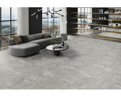 Modernes Wohnzimmer mit großformatigen grauen Bodenfliesen aus Feinsteinzeug in Betonoptik, grauem Sofa und großen Fenstern.