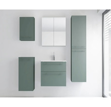 Modernes Badezimmermöbel-Set in Graugrün bestehend aus Waschtisch, Spiegelschrank, einem Hochschrank und zwei Beistellschränken.