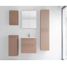 Badezimmermöbel-Set bestehend aus Waschbeckenunterschrank mit zwei Schubladen, Spiegelschrank und drei verschiedenen wandhängenden Seitenschränken.