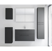 Modernes Badmöbel-Set in Anthrazit mit Waschtischunterschrank, weißem Waschbecken, Spiegelschrank, Hochschrank und zwei Hängeschränken.