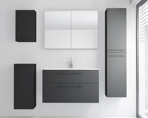 Modernes Badmöbel-Set in Anthrazit mit Waschtischunterschrank, weißem Waschbecken, Spiegelschrank, Hochschrank und zwei Hängeschränken.