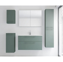 Modernes wandhängendes Badezimmermöbel-Set in Salbeigrün mit Waschtisch, Spiegelschrank, Hochschrank und Beistellschränken.
