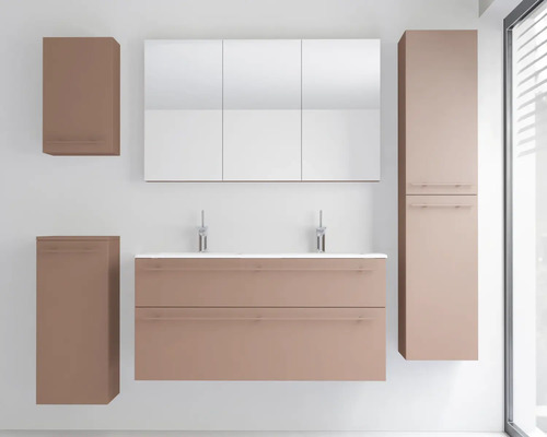 Modernes Badezimmermöbel-Set bestehend aus Doppelwaschtisch mit zwei Schubladen, dreitürigem Spiegelschrank, Hochschrank und zwei Beistellschränken.