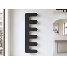 Moderner, schwarzer Design-Heizkörper in Kamm-Optik an einer Wand in einem hellen, aufgeräumten Raum.