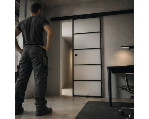 Moderne Glasschiebetür im Industrie-Design mit schwarzem Metallrahmen und satiniertem Glas in einem minimalistisch eingerichteten Arbeitszimmer.