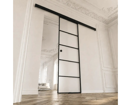 Schiebetür aus Glas mit schwarzem Metallrahmen und Sprossen in einem hellen Raum mit Stuckdecke und Parkettboden.