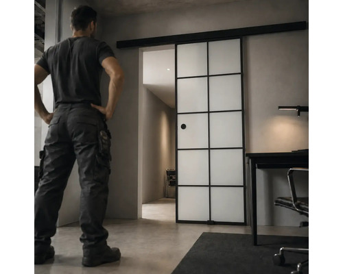 Schiebetür im Industriedesign mit schwarzem Metallrahmen und Glaseinsätzen in einem modern eingerichteten Raum mit Schreibtisch.
