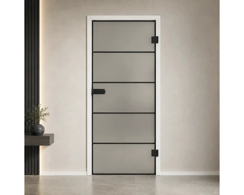 Moderne Ganzglastür aus mattiertem Glas mit horizontalen schwarzen Streifen, schwarzem Türdrücker und Beschlägen im Industrie-Design.