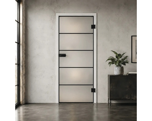 Moderne Glastür im Industrial-Stil mit schwarzem Rahmen, Querstreben und mattiertem Glas in einer Zarge vor einer Wand in Betonoptik.