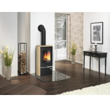 Moderner Kaminofen mit Sandsteinverkleidung und Glasbodenplatte in einem hellen Wohnzimmer mit dunklem Holzboden und Kaminholzregal.