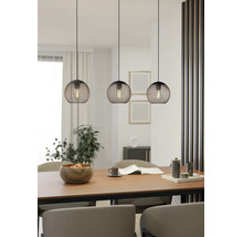 Drei schwarze Pendelleuchten im Käfig-Design über einem Holztisch in einem hellen, modern eingerichteten Esszimmer mit Pflanzen.