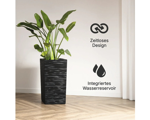 Hoher quadratischer Pflanzkübel mit Struktur, einer Pflanze, zeitlosem Design und integriertem Wasserreservoir.
