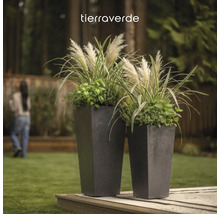 Tierraverde Logo über zwei hohen, konischen quadratischen Pflanzgefäßen mit Ziergräsern in einem Garten auf einer Holzterrasse.