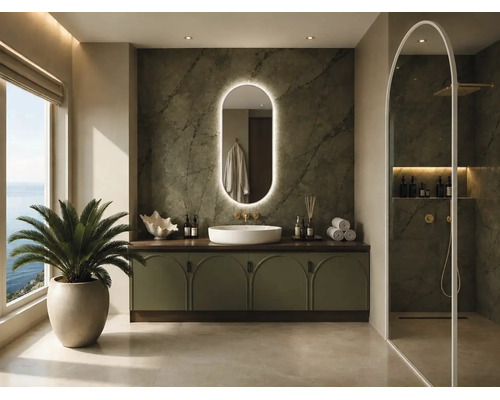 Modernes Bad mit olivgrünem Waschtisch, weißem Aufsatzbecken, ovalem beleuchtetem Spiegel, Marmorwand und begehbarer Dusche mit Rundbogen-Glas.