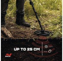 Minelab Metalldetektor bei der Suche im Gelände mit einer Suchtiefe bis zu 25 Zentimeter für Münzen und Ringe. Minelab Logo.