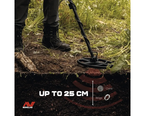 Minelab Metalldetektor bei der Suche im Gelände mit einer Suchtiefe bis zu 25 Zentimeter für Münzen und Ringe. Minelab Logo.