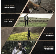 Collage mit vier Szenen zur Nutzung eines Metalldetektors in unterschiedlichen Umgebungen: am Strand, auf einem Feld, in einem Park und im Wald.