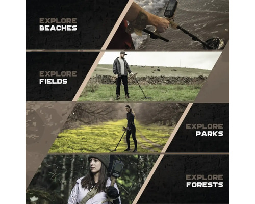 Collage mit vier Szenen zur Nutzung eines Metalldetektors in unterschiedlichen Umgebungen: am Strand, auf einem Feld, in einem Park und im Wald.