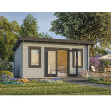 Modernes, helles Gartenhaus aus Holz mit Flachdach, verglaster Doppeltür und zwei Fenstern in einem organisierten Garten.