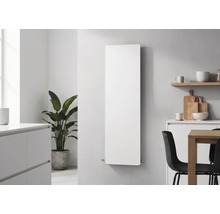 Vertikaler Flachheizkörper in einer hellen, modernen Küche mit großer Zimmerpflanze, Holztisch und schwarzen Stühlen.