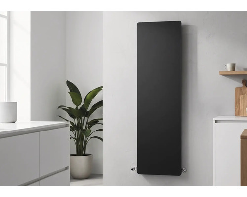 Moderner vertikaler Paneelheizkörper in Anthrazit in einer hellen minimalistischen Küche mit einer Zimmerpflanze.