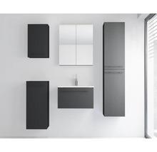 Modernes Badezimmermöbel-Set in Dunkelgrau, bestehend aus Waschtisch mit Waschbecken, Spiegelschrank, Hochschrank und zwei Wandschränken.