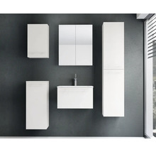 Modernes Badezimmermöbel-Set in Weiß, bestehend aus Waschbeckenunterschrank mit Waschbecken, Spiegelschrank, Hochschrank und Wandschränken.