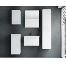 Badezimmermöbel-Set bestehend aus Waschbeckenunterschrank mit Waschtisch, Spiegelschrank, zwei Wandschränken und einem Hochschrank.