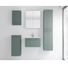 Modernes Badezimmermöbel-Set in mattem Salbeigrün bestehend aus Waschbeckenunterschrank, Spiegelschrank und mehreren Hängeschränken.