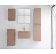 Modernes Badezimmermöbel-Set bestehend aus Waschbeckenunterschrank mit weißem Waschbecken, Spiegelschrank, Hochschrank und zwei Hängeschränken.