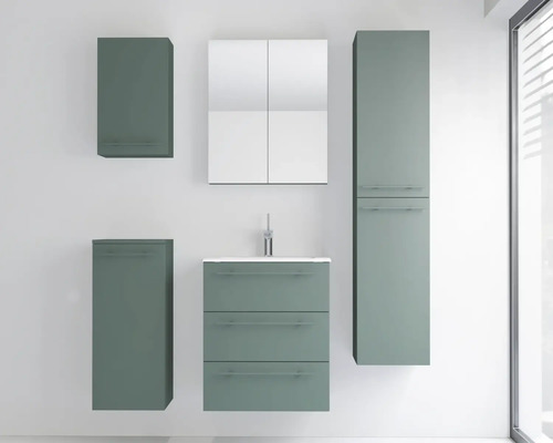 Modernes Badezimmermöbel-Set mit Waschbeckenunterschrank, Spiegelschrank und mehreren Seitenschränken in matter, grüner Optik.