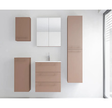 Badezimmermöbel-Set in Altrosa, bestehend aus Waschtisch mit drei Schubladen, Spiegelschrank, Hochschrank und zwei Hängeschränken.