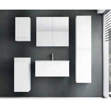 Modernes weißes Badezimmermöbel-Set bestehend aus Waschtischunterschrank mit Waschbecken, Spiegelschrank und Wandschränken.