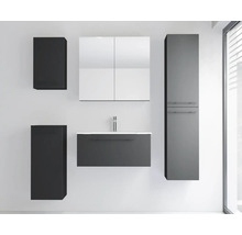 Modernes, dunkelgraues Badmöbel-Set zur Wandmontage, bestehend aus Waschtischunterschrank mit Waschbecken, Spiegelschrank und passenden Badschränken.