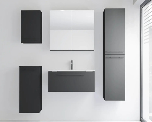 Modernes, dunkelgraues Badmöbel-Set zur Wandmontage, bestehend aus Waschtischunterschrank mit Waschbecken, Spiegelschrank und passenden Badschränken.