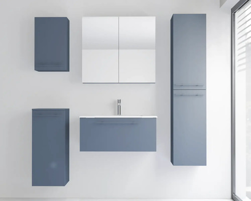 Modernes Badmöbel-Set in Blau-Grau mit Waschtischunterschrank, Waschbecken, Spiegelschrank, Hochschrank und zwei Wandschränken.
