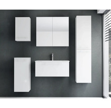 Modernes weißes Badezimmer-Möbelset bestehend aus Waschtisch mit Waschbecken, Spiegelschrank, Hochschrank, Wandschrank und Unterschrank.