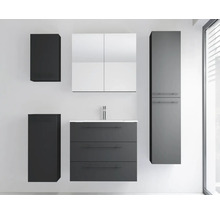 Modernes Badezimmermöbel-Set in Anthrazit mit Waschtisch, Spiegelschrank, Hochschrank und zwei Beistellschränken.