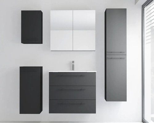 Modernes Badezimmermöbel-Set in Anthrazit mit Waschtisch, Spiegelschrank, Hochschrank und zwei Beistellschränken.