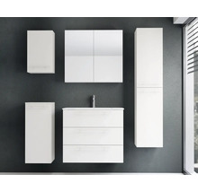 Badezimmermöbel-Set bestehend aus Waschtisch mit drei Schubladen, Spiegelschrank, zwei Hängeschränken und einem Hochschrank zur Wandmontage.