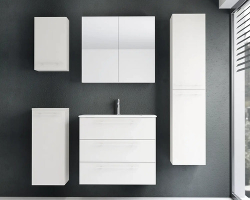 Badezimmermöbel-Set bestehend aus Waschtisch mit drei Schubladen, Spiegelschrank, zwei Hängeschränken und einem Hochschrank zur Wandmontage.