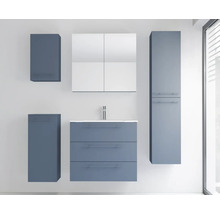 Modernes Badezimmermöbel-Set mit Waschbeckenunterschrank, Waschtisch, zweitürigem Spiegelschrank, zwei Hängeschränken und Hochschrank.