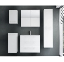 Modernes Badezimmermöbel-Set bestehend aus Waschbeckenunterschrank mit drei Schubladen, Waschbecken, Spiegelschrank und mehreren Hängeschränken.