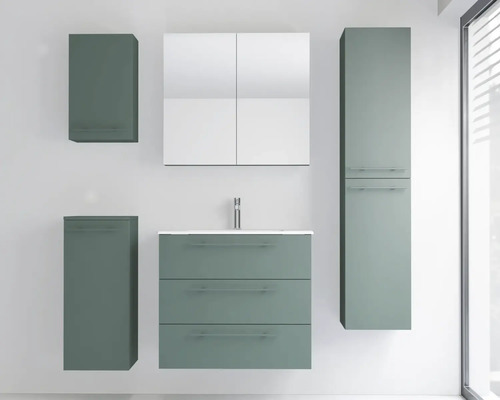 Modernes Badezimmermöbel-Set mit Waschbeckenunterschrank inklusive drei Schubladen, Spiegelschrank, einem Hochschrank und zwei weiteren Beistellschränken.