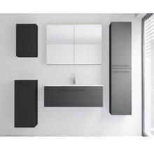 Modernes Badezimmermöbel-Set in dunklem Design mit Waschplatz, Spiegelschrank, Hochschrank und zwei Hängeschränken.