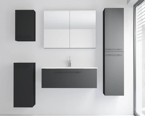 Modernes Badezimmermöbel-Set in dunklem Design mit Waschplatz, Spiegelschrank, Hochschrank und zwei Hängeschränken.