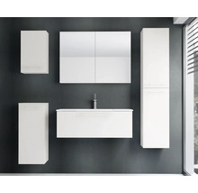 Fünfteiliges, weißes Badezimmermöbel-Set, wandhängend, mit Waschtisch, Spiegelschrank, Hochschrank und zwei Seitenschränken.