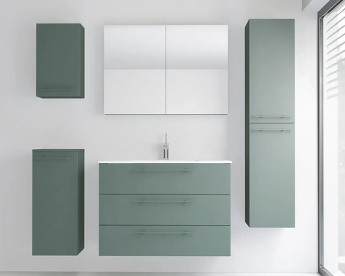 Modernes Badezimmermöbel-Set mit Waschtischunterschrank, drei Schubladen, Spiegelschrank und Hängeschränken in mattem Grün.