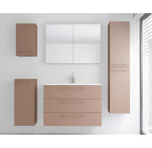 Badezimmermöbel-Set bestehend aus Waschbeckenunterschrank mit drei Schubladen, Waschbecken, Spiegelschrank, Hochschrank und zwei Beistellschränken.