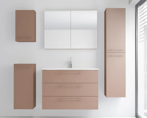 Badezimmermöbel-Set bestehend aus Waschbeckenunterschrank mit drei Schubladen, Waschbecken, Spiegelschrank, Hochschrank und zwei Beistellschränken.